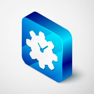 Beyaz arka planda yalıtılmış izometrik zaman yönetimi simgesi. Saat ve vites işareti. Verimlilik sembolü. Mavi kare düğmesi. Vektör Illustration