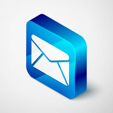 Beyaz arkaplanda izole edilmiş Isometric Zarf simgesi. E- posta mektup sembolü. Mavi kare düğme. Vektör İllüstrasyonu