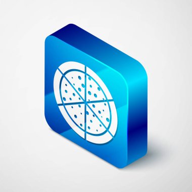 Beyaz arka planda yalıtılmış izometrik pizza simgesi. Mavi kare düğmesi. Vektör Illustration