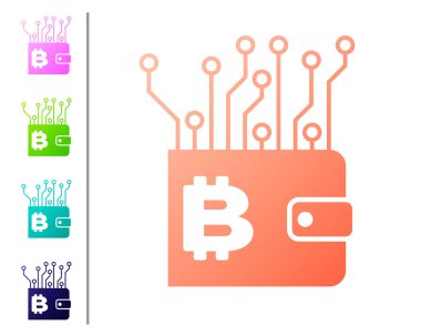 Mercan Cryptocurrency cüzdan simgesi beyaz arka planda yalıtılmış. Cüzdan ve bitcoin işareti. Madencilik konsepti. Para, ödeme, nakit, ödeme simgesi. Renk simgelerini ayarlayın. Vektör İllüstrasyonu