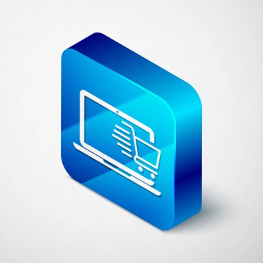 Ekran dizüstü bilgisayarındaki Isometric alışveriş arabası beyaz arkaplanda izole edilmiş. Konsept e-ticaret, e-ticaret, online iş pazarlama. Mavi kare düğme. Vektör İllüstrasyonu