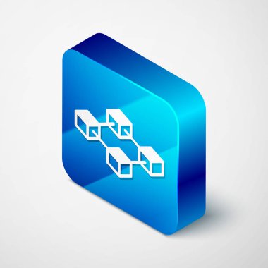 Beyaz arka planda yalıtılmış izometrik Blockchain teknolojisi simgesi. Cryptocurrency veri işareti. Soyut geometrik blok zincir ağ teknolojisi iş. Mavi kare düğmesi. Vektör Illustration