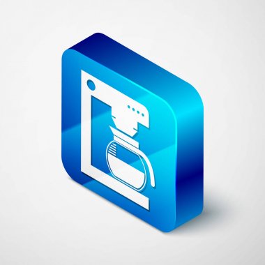 Beyaz arka plan üzerinde izole cam pot simgesi ile İzometrik Kahve makinesi. Mavi kare düğmesi. Vektör İllüstrasyonu