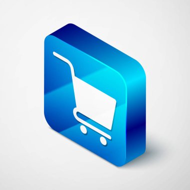 Beyaz arka planda yalıtılmış izometrik alışveriş sepeti simgesi. Online satın alma kavramı. Teslimat hizmeti işareti. Süpermarket sepeti sembolü. Mavi kare düğmesi. Vektör Illustration