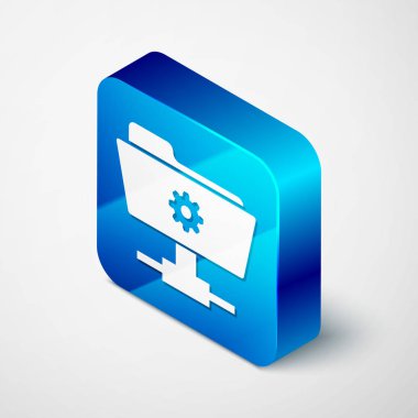 Beyaz arka planda yalıtılmış İzometrik Ftp ayarları klasör simgesi. Yazılım güncelleştirme, transfer protokolü, yönlendirici, takım çalışması araç yönetimi, kopyalama süreci kavramı. Mavi kare düğmesi. Vektör İllüstrasyonu