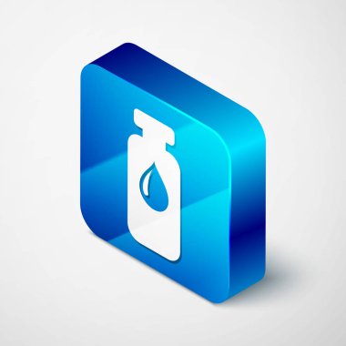 İzometrik Tıbbi şişe, ampul, beyaz arka plan üzerinde izole şişe simgesi. Aşılama, enjeksiyon, aşı sağlık konsepti. Mavi kare düğmesi. Vektör İllüstrasyonu