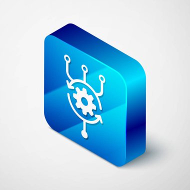 Beyaz arkaplanda izole edilmiş Isometric Algoritma simgesi. Yapay Zeka koleksiyonundan algoritma sembolü tasarımı. Mavi kare düğme. Vektör İllüstrasyonu