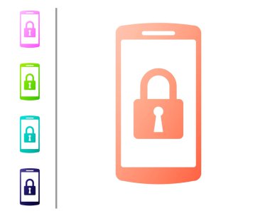 Beyaz arka planda izole kapalı asma kilit simgesi ile mercan smartphone. Kilidi olan telefon. Mobil güvenlik, güvenlik, koruma konsepti. Renk simgeleri ayarlayın. Vektör Illustration