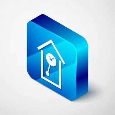 Beyaz arka planda izole edilmiş İzometrik Retro duvar saat simgesi. Guguklu saat işareti. Antika sarkaçlı saat. Mavi kare düğmesi. Vektör İllüstrasyonu