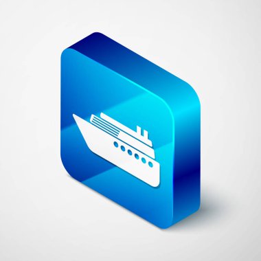 Beyaz arka planda yalıtılmış izometrik gemi simgesi. Mavi kare düğmesi. Vektör Illustration