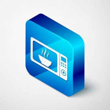 İzometrik Mikrodalga fırın simgesi beyaz arka plan üzerinde izole. Ev aletleri simgesi. Mavi kare düğmesi. Vektör İllüstrasyonu