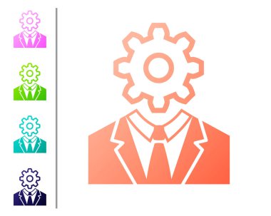 Beyaz arka plan üzerinde izole simgesi içinde dişli ile Coral İnsan kafası. Yapay zeka. Beyin işaretini düşünmek. Beynin sembol çalışması. Simgeyi renk düğmelerinde ayarlayın. Vektör İllüstrasyonu