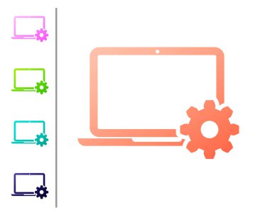 Beyaz arka plan üzerinde Coral Laptop ve dişli simgesi. Dizüstü servis konsepti. Uygulamanın ayarlanması, seçenekleri ayarlama, bakım, onarım, dizüstü bilgisayar kavramlarının düzeltilmesi. Simgeyi renk düğmelerinde ayarlayın. Vektör İllüstrasyonu