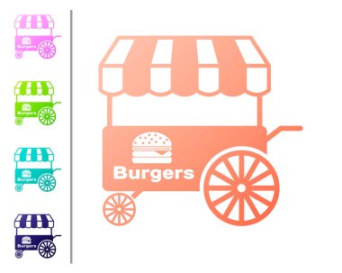 Beyaz arka plan üzerinde izole tente simgesi ile Coral Fast sokak gıda sepeti. Burger veya hamburger simgesi. Şehir köşkü. Renk simgelerini ayarlayın. Vektör İllüstrasyonu