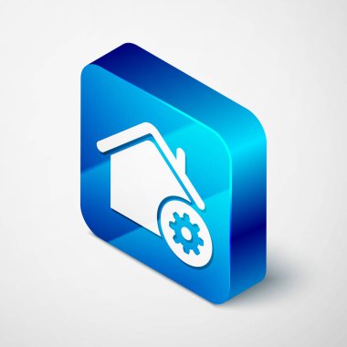 Beyaz arka planda yalıtılmış İzometrik Akıllı ev ayarları simgesi. Uzaktan kumanda. Mavi kare düğmesi. Vektör İllüstrasyonu