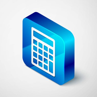 Isometric Hesap Makinesi simgesi beyaz arkaplanda izole edildi. Muhasebe sembolü. İş hesaplamaları matematik eğitimi ve finans. Mavi kare düğme. Vektör İllüstrasyonu