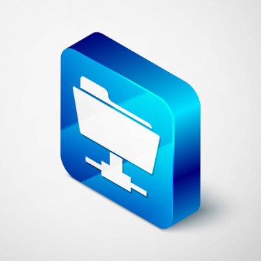 Beyaz arka planda yalıtılmış İzometrik Ftp klasör simgesi. Yazılım güncellemesi kavramı, ftp transfer protokolü, yönlendirici, takım çalışması araç yönetimi, kopyalama süreci, bilgi. Mavi kare düğmesi. Vektör İllüstrasyonu