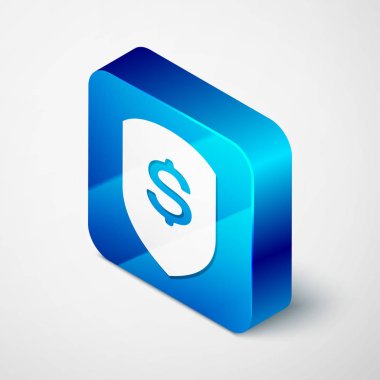 İzometrik Kalkan ve dolar simgesi beyaz arka plan üzerinde izole. Güvenlik kalkanı koruması. Para güvenliği kavramı. Mavi kare düğmesi. Vektör İllüstrasyonu