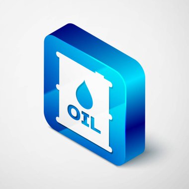 Beyaz arka planda izole ısometrik yağ varil simgesi. Yağ davul konteyner. İnfografikler, yakıt, sanayi, güç, ekoloji için. Mavi kare düğmesi. Vektör Illustration