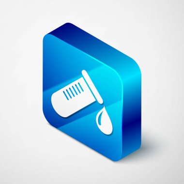 İzometrik Test tüpü veya şişe kan simgesi damla beyaz arka plan üzerinde izole ile. Laboratuvar, kimyasal, bilimsel cam işareti. Mavi kare düğmesi. Vektör İllüstrasyonu