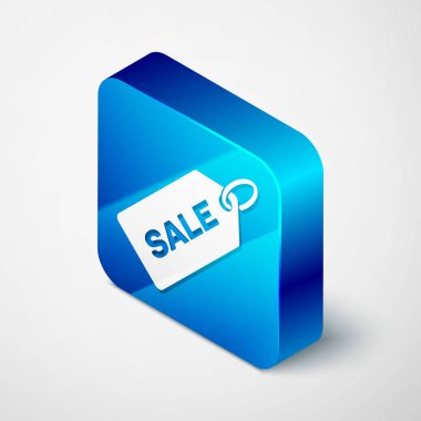 Beyaz arka planda yalıtılmış bir yazıt Satış simgesi içeren İzometrik Fiyat etiketi. Fiyat için rozet. Promosyon etiket indirimi. Mavi kare düğmesi. Vektör İllüstrasyonu