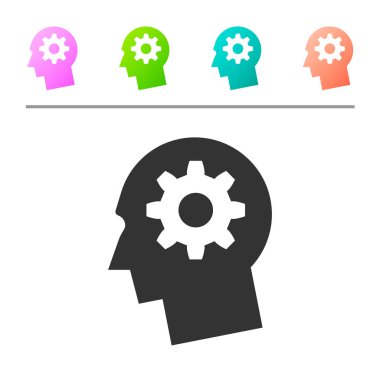 Beyaz arka plan üzerinde izole simgesi içinde dişli ile Gri İnsan kafası. Yapay zeka. Beyin işaretini düşünmek. Beynin sembol çalışması. Simgeyi renk düğmelerinde ayarlayın. Vektör İllüstrasyonu