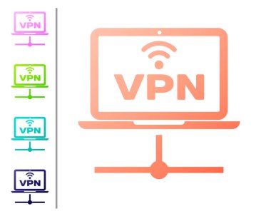 Coral Vpn Bilgisayar ağ simgesi beyaz arka planda yalıtılmış. Dizüstü bilgisayar ağı. İnternet bağlantısı. Renk simgelerini ayarlayın. Vektör İllüstrasyonu