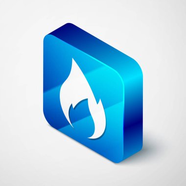 Beyaz arka planda yalıtılmış İzometrik Yangın alev simgesi. Isı sembolü. Mavi kare düğmesi. Vektör İllüstrasyonu