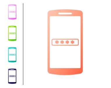 Mercan cep telefonu ve parola koruma simgesi beyaz arka planda izole. Güvenlik, emniyet, kişisel erişim, Kullanıcı Yetkilendirme, gizlilik. Renk simgeleri ayarlayın. Vektör Illustration