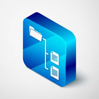 Beyaz arka planda yalıtılmış İzometrik Klasör ağacı simgesi. Bilgisayar ağı dosya klasörü organizasyon yapısı akış şeması. Mavi kare düğmesi. Vektör İllüstrasyonu