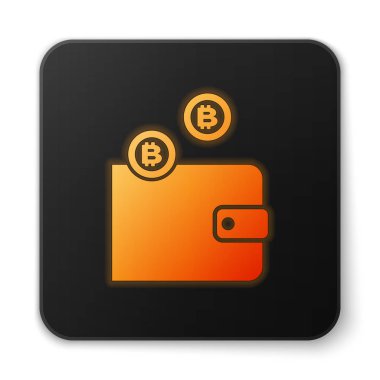 Turuncu parlayan cryptocurrency cüzdan simgesi beyaz arka planda izole. Cüzdan ve Bitcoin işareti. Madencilik konsepti. Para, ödeme, nakit, ödeme simgesi. Siyah kare düğmesi. Vektör Illustration