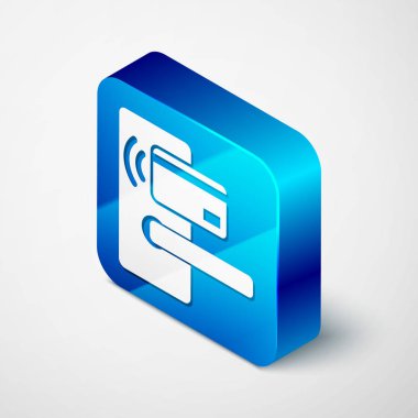 Beyaz arka planda izole kilidini simgesi için kablosuz teknolojisi ile izometrik dijital kapı kilidi. Kapı kolu işareti. Konsept güvenlik akıllı ev. Mavi kare düğmesi. Vektör Illustration