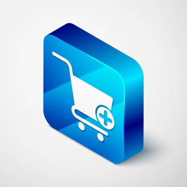 Beyaz arka planda yalıtılmış Alışveriş sepeti simgesine İzometrik Ekle. Online satın alma konsepti. Teslimat hizmeti işareti. Süpermarket sepeti sembolü. Mavi kare düğmesi. Vektör İllüstrasyonu