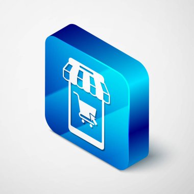 İzometrik Cep telefonu ve beyaz arka plan üzerinde izole çizgili tente simgesi ile alışveriş sepeti. Online satın alma sembolü. Süpermarket sepeti sembolü. Mavi kare düğmesi. Vektör İllüstrasyonu