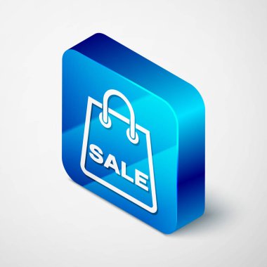Beyaz arka plan üzerinde izole edilmiş bir yazıt Satış simgesi ile İzometrik Shoping çanta. Çanta tabelası. Kadın çantası simgesi. Kadın çanta tabelası. Mavi kare düğmesi. Vektör İllüstrasyonu