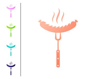 Beyaz arka plan üzerinde izole buhar simgesi ile çatal üzerinde Coral Sosis. Izgara sosis ve aroma işareti. Renk simgelerini ayarlayın. Vektör İllüstrasyonu