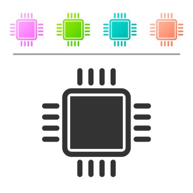 Beyaz arka planda izole mikrodevreler Cpu simgesi ile Gri Bilgisayar işlemci. Devre kartı işareti ile chip veya cpu. Mikro işlemci. Simgeyi renk düğmelerinde ayarlayın. Vektör İllüstrasyonu