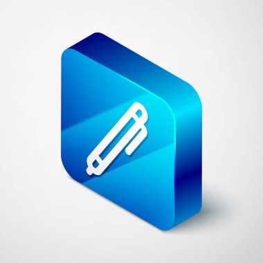 Beyaz arka planda yalıtılmış İzometrik Kalem çizgi simgesi. Mavi kare düğmesi. Vektör İllüstrasyonu