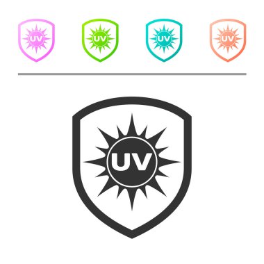 Gri Uv koruma simgesi beyaz arka plan üzerinde izole. Güneş ve kalkan. Ultraviyole ışınları radyasyon. Spf güneş işareti. Simgeyi renk düğmelerinde ayarlayın. Vektör İllüstrasyonu