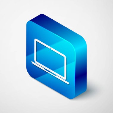 İzometrik dizüstü bilgisayar simgesi beyaz arkaplanda izole edildi. Boş ekran işaretli bilgisayar defteri. Mavi kare düğme. Vektör İllüstrasyonu