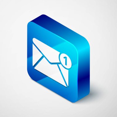 Beyaz arka planda yalıtılmış İzometrik Zarf simgesi. Alınan ileti kavramı. Yeni, e-posta gelen mesaj, sms. Posta teslimat hizmeti. Mavi kare düğmesi. Vektör İllüstrasyonu