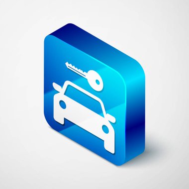 İzometrik Araç kiralama simgesi beyaz arka plan üzerinde izole. Araba tabelası kirala. Araba ile anahtar. Otomobil tamir servisi, yedek parça deposu için konsept. Mavi kare düğmesi. Vektör İllüstrasyonu