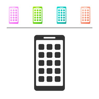 Gri Mobil Uygulamalar simgesi beyaz arka planda yalıtılmış. Ekran simgeleri, uygulamaları ile akıllı telefon. ekran gösteren cep telefonu. Simgeyi renk düğmelerinde ayarlayın. Vektör İllüstrasyonu