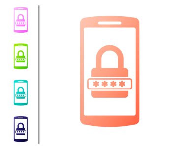 Mercan cep telefonu ve parola koruma simgesi beyaz arka planda izole. Güvenlik, emniyet, kişisel erişim, Kullanıcı Yetkilendirme, gizlilik. Renk simgeleri ayarlayın. Vektör Illustration