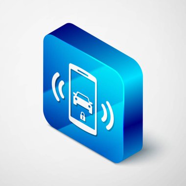 Beyaz arka planda izole edilmiş İzometrik Akıllı araç alarm sistemi simgesi. Akıllı telefon kablosuz araç güvenliğini kontrol eder. Mavi kare düğmesi. Vektör İllüstrasyonu