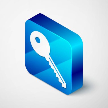 Beyaz arkaplanda Isometric Key simgesi izole edildi. Mavi kare düğme. Vektör İllüstrasyonu