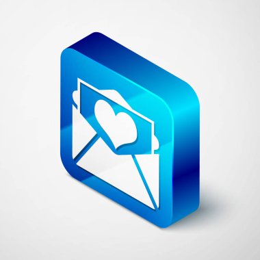 Beyaz arka plan üzerinde izole Valentine kalp simgesi ile İzometrik Zarf. Mektup aşk ve romantizm. Mavi kare düğmesi. Vektör İllüstrasyonu