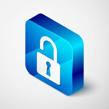 Beyaz arka planda yalıtılmış izometrik açık asma kilit simgesi. Kilit işareti açıldı. Siber güvenlik konsepti. Dijital veri koruması. Güvenlik güvenliği. Mavi kare düğmesi. Vektör Illustration