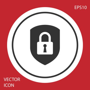 Kırmızı arka planda izole kilit simgesiyle gri kalkan güvenliği. Koruma, güvenlik, şifre güvenliği. Güvenlik Duvarı erişim gizlilik işareti. Beyaz daire düğmesi. Vektör Illustration