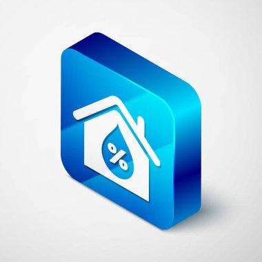 Beyaz arka planda izole edilmiş İzometrik Ev nem simgesi. Hava ve meteoroloji, termometre sembolü. Mavi kare düğmesi. Vektör İllüstrasyonu